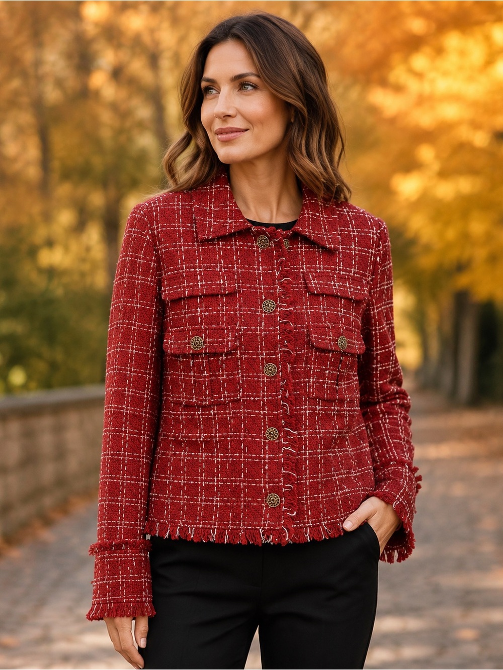 Sugarlips Red Tweed Fringe-Trim Button Jacket NWT Size L
